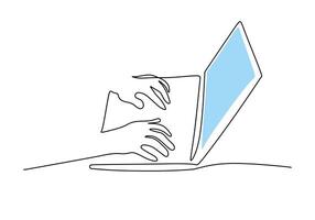 Remote Work Line Art with Hands on a Laptop Computer vector