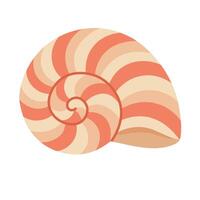 Cartoon spiral shell in flat marine style. illustration with striped red and beige pattern. vector