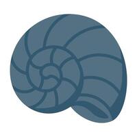 Cartoon spiral shell in dark marine color. Flat illustration with curved line pattern. vector