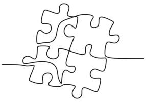 Connected puzzle pieces one line drawing for teamwork vector
