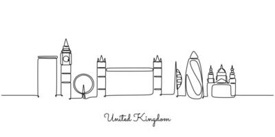 UK skyline continuous line drawing for British landmarks vector
