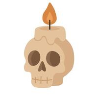 Cartoon skull with candle and flame. Flat spooky illustration on white background for Halloween. vector