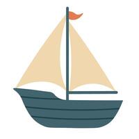 Cartoon sailboat with beige sails and flag. Flat illustration in soft marine color style. vector