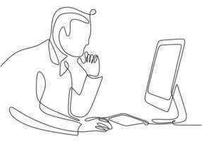 Man Working on Computer Continuous Line Business Concept vector