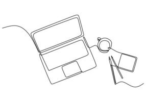 Workspace One Line Drawing with Laptop for Remote Work vector
