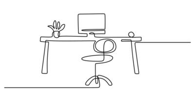 Office Desk and Plant Continuous Line Drawing for Workspace Design vector
