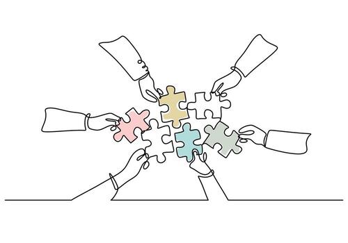 manos con rompecabezas piezas uno línea dibujo para trabajo en equipo conexión vector