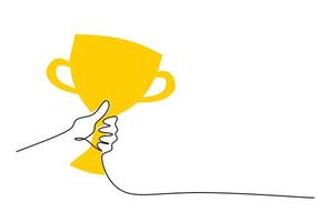 Victory Hand Lifting Trophy One Line Drawing for Sports Achievement vector