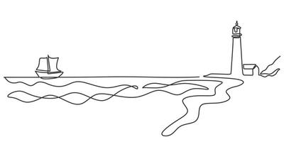 Lighthouse and Ship One Line Drawing for Nautical Poster or Blog vector