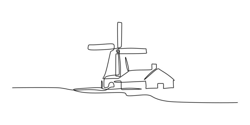 Traditional Windmill One Line Drawing for Travel Blog