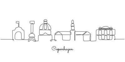 One continuous line drawing of Copenhagen skyline illustration. Modern city in Europe. vector