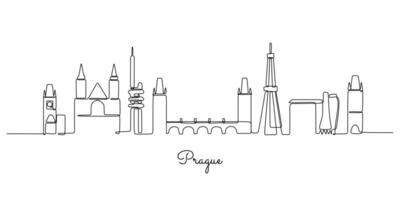 One continuous single line drawing of Prague skyline illustration. Modern city in Europe. vector