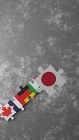 Puzzle pieces featuring flags of G7 nations are arranged sequentially, highlighting Canada's, Germany's, and Japan's flags among others. The G7 logo is prominently displayed above. 3D animation. video