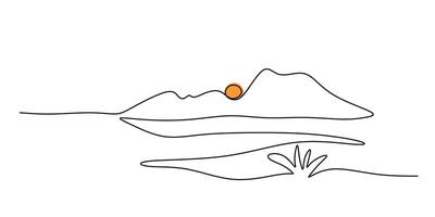 Mountain Range with Sunset Continuous Line Drawing for Travel Blog vector