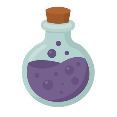 Purple magic potion in cartoon style. illustration on white background for Halloween theme.