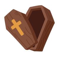 Cartoon open coffin with cross in flat spooky style. Halloween illustration on white background. vector