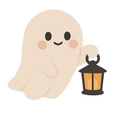 Funny cartoon ghost holding lantern. Flat illustration on white background for Halloween.