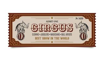 retro circus ticket template with elephants on a ball in red and yellow colors vector