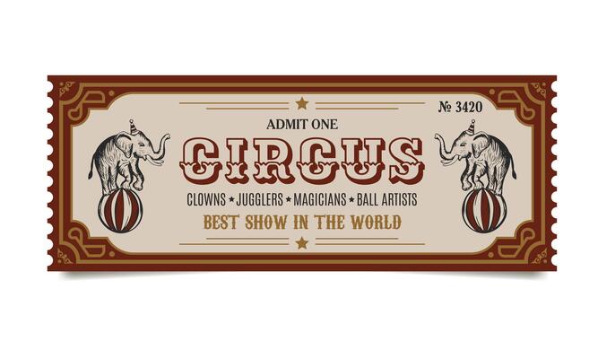 retro circus ticket template with elephants on a ball in red and yellow colors