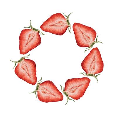 Half sliced Strawberry berries. Watercolor floral frame of ripe summer pulp fruits. Isolated hand drawn rural botanical wreath for package, cosmetic, card