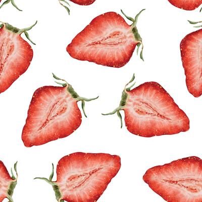 Juice Slices of Strawberry Berries endless background. Watercolor seamless pattern. Hand drawn wild berries print for package, cosmetic, tablecloth wallpapers, textile, pajamas