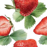 Watercolor strawberries with green leaves vector