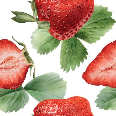 Strawberry slices Watercolor Seamless Pattern. Summer background of Red Berries and Green Leaves Illustration.Hand painted Botanical print of juicy Strawberry