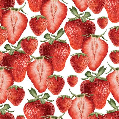 Ripe Whole red berries and halves of strawberries background. Watercolor seamless pattern. Wild berries endless print for package, cosmetic, tablecloth wallpapers, textile