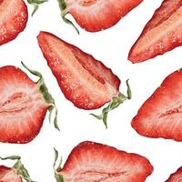 Slices juicy Strawberry Berries Watercolor botanical seamless surface pattern design. Summer garden botanical background for package, cosmetic, tablecloth wallpapers, textile vector