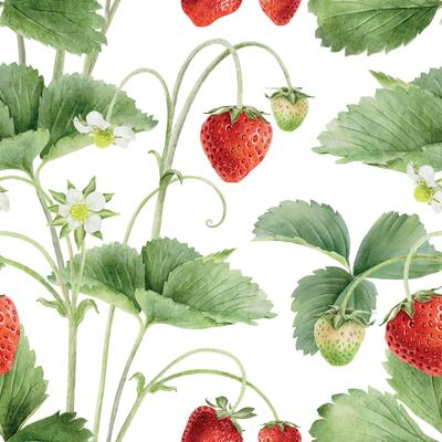 Seamless surface pattern design of watercolor wild strawberry branches with fruits, leaves, flowers. Botanical Background of Strawberry plants for package, cosmetic, tablecloth, wallpapers, textile