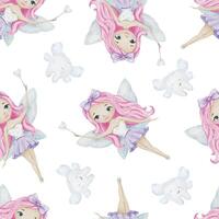 Watercolor seamless surface pattern design of Tooth Fairy with wings, magical wand and teeth. Hand drawn baby repeat print for pediatric dentistry, National Tooth Fairy Day, wrapping paper, textile vector