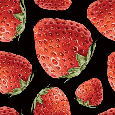 Juice whole Berries of red garden Strawberry on dark background. Watercolor summer seamless pattern. Hand drawn endless print for package, cosmetic, tablecloth wallpapers, textile, pajamas