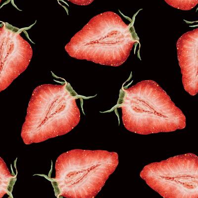 Juicy Slices of Strawberry Berries on dark background. Watercolor seamless surface pattern design. Hand drawn wild berries infinite print for package, cosmetic, tablecloth wallpapers, textile, pajamas