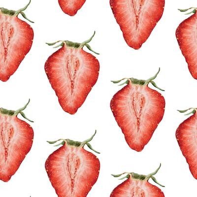Juice Pulp of Strawberry Berries background. Watercolor seamless surface pattern design of summer food. Hand drawn garden berries print for package, cosmetic, tablecloth wallpapers, textile, pajamas