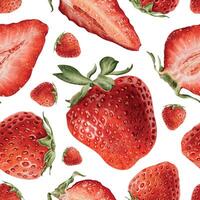 Ripe Whole berries, halves and slices of strawberries background. Watercolor seamless surface pattern design. Wild berries infinite print for package, cosmetic, tablecloth wallpapers, textile, pajamas vector