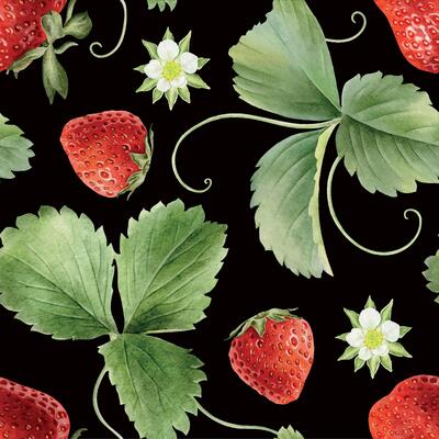 Ripe red Strawberry berries, leaves, flowers and runners on dark Background. Hand drawn watercolor seamless pattern. Floral summer endless print for package, cosmetic, tablecloth, wallpapers, textile