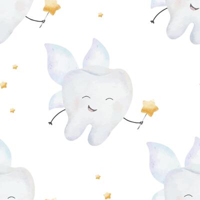 Baby Tooth fairy with wing, star and magic wand. Kawaii Character Baby first tooth. Watercolor kids seamless surface pattern design for pediatric dentistry, National Tooth Fairy Day, textile, wrapping