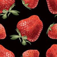 Seamless surface pattern design of watercolor ripe juicy red strawberry whole berries on dark Background. Hand drawn summer print for package, cosmetic, tablecloth, wallpapers, textile vector