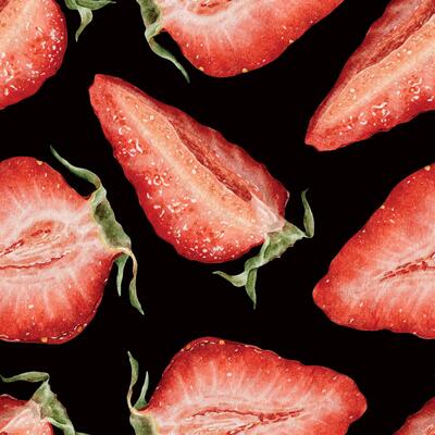 Slices juicy Strawberry Berries Watercolor botanical seamless pattern. Hand drawn summer garden berries print on dark background for package, cosmetic, tablecloth wallpapers, textile