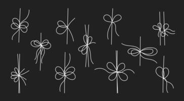 White line style gift ribbon bows set isolated on black background set vector