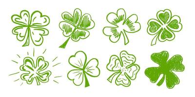 Lucky four or three clover shamrock leaf icon hand drawn style illustration set. vector