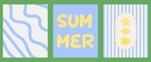 Abstract summer posters. seashells and wave sea design. Trendy summer design for branding, ads, print, decor vector