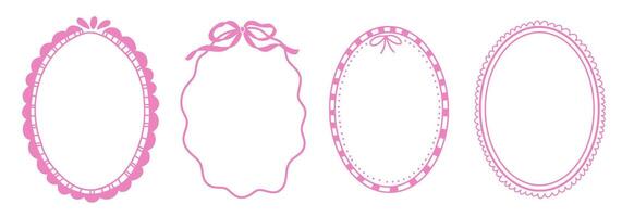 Oval whimsical wavy scallop frame with bow tie in doodle trendy style. Charming elegant outline border for greeting cards. vector