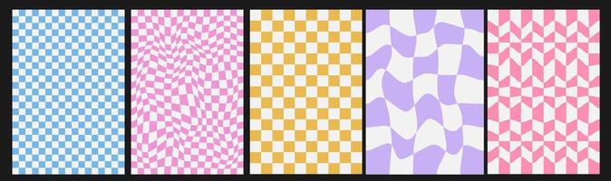 Set of checkerboard backgrounds in pale pastel colors. Groovy hippie chessboard pattern of optical illusion. Retro 60s 70s psychedelic design. vector