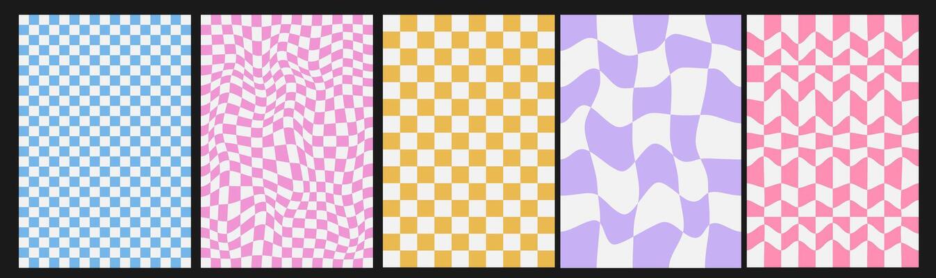 Set of checkerboard backgrounds in pale pastel colors. Groovy hippie chessboard pattern of optical illusion. Retro 60s 70s psychedelic design.