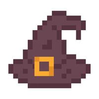 Pixel witch hat icon for Halloween. Magic wizard cap sprite. Retro pixelated witchcraft symbol vector