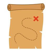 Treasure map icon cartoon scroll illustration. Pirate map with red x. Adventure path map for kids game or app. vector