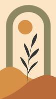 Boho abstract poster with plant arch sun and hills. Minimalist wall art. Modern botanical desert landscape. vector