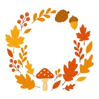 Autumn wreath with leaves mushrooms acorns berries and pinecone. Fall botanical circle frame. Thanksgiving foliage decoration. vector