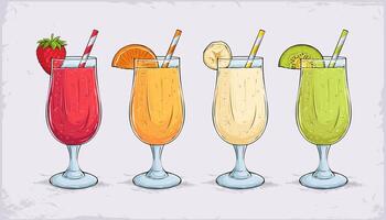 Four colorful fruit smoothies in glasses vector